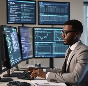 Un homme en costume et cravate est assis à un bureau avec un écran d'ordinateur.