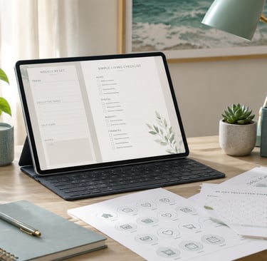 Digital planner on a tablet with a checklist for simple living and home organization.