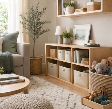 Modern neutral living room featuring a wooden cube storage unit with organized fabric bins and children's toys.