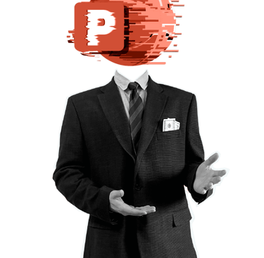 Ein Geschäftsmann, der das Powerpoint Logo als Kopf hat - kunstvoll