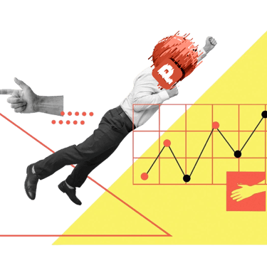 kunstvolles Bild wo ein Mann mit 2 Dreicken ist, das noch oben zeigt