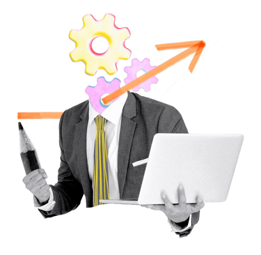 Geschäftsmann der einen Laptop hat, einen großen Stift und als Kopf ein Zahnrad