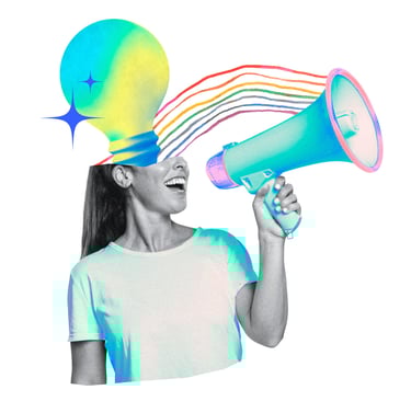 Abstraktes Bild von Frau mit Glühbirne und Megaphone