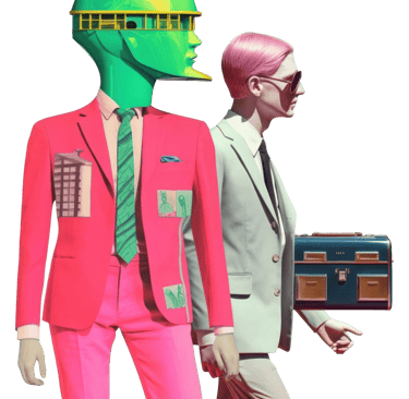 Abstraktes und Kunstvolles Bild von 2 Mönnern, einer hat einen Koffer der andere einen grünen Bus