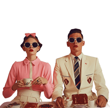 Bild von Mann und Frau mit Sonnenbrille jeweils und einer Kaffeetasse