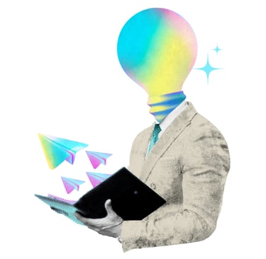 Geschäftsmann abstrakt dargestellt mit Glühbirne als Kopf und farbige Papierflieger