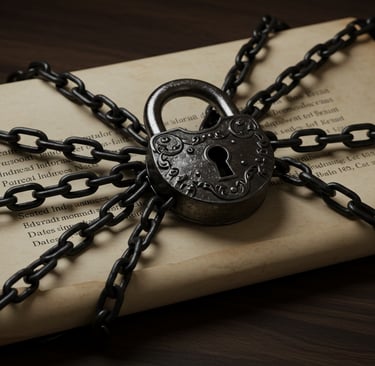 Lock and chains wrapped around a bundles of documents. Generated by Imagen 3