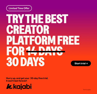 Woman smiling at laptop showing Kajabi dashboard with course analytics, text overlay.