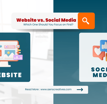 Image comparing "Website" and "Social Media" with icons, asking which to prioritize first, featuring a search prompt and webs