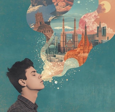 Rapaz sendo teletransportado pelo cheiro às suas viagens feitas na vida.