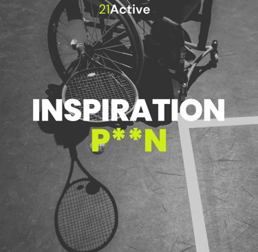 image of sa wheelchair tennis player from above. Text on top of the image says 'Inspiration p**n.'