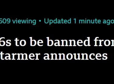 Screenshot of social media ban headline taken from BBC News Online