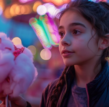 menina com algodão doce em festa