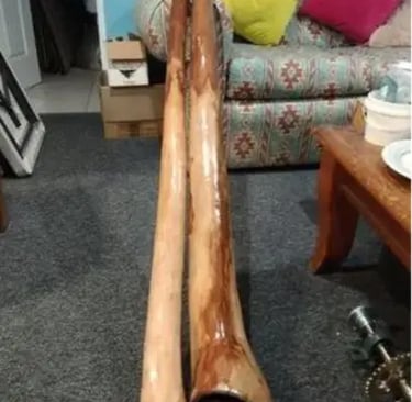 2 didgeridoos leaning on a sofa bed