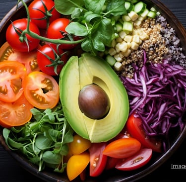 a bowl of keto diet vegetables and vegetables on a wooden table