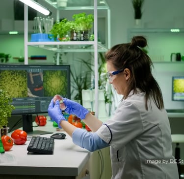 a woman in a lab coat and gloves is holding a vegitabla which is ues in keto diet