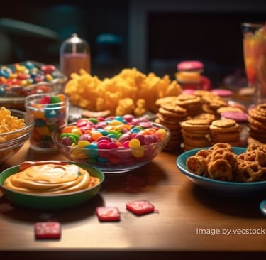 a table with a variety of snacks and drinks