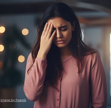 a woman with a hand on her forehead
