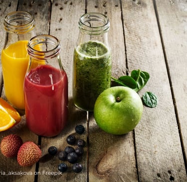 a variety of fruits and vegetables detox juice in jars