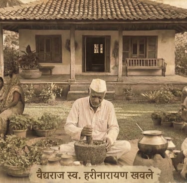 Vintage photo of an Indian Ayurvedic practitioner grinding herbal medicine in front of a traditional village house.