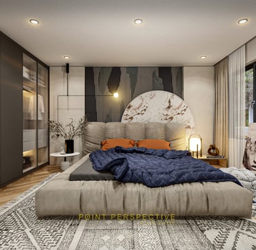 a bedroom with a bed and a chair-3Drendering services