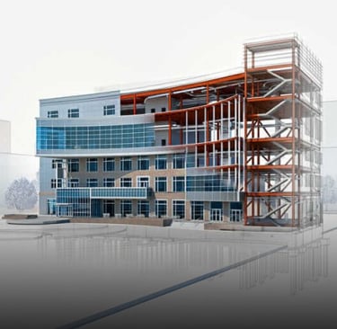a building with a large building in the background- BIM