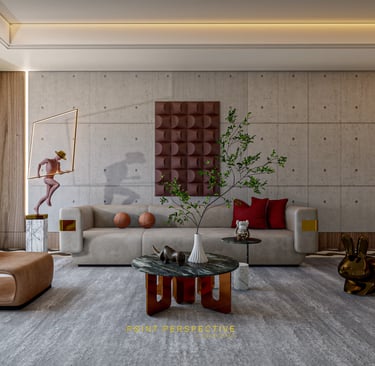 a living room with a couch and a table and 3D Rendering Services