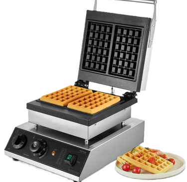 Professional double Belgian waffle maker with non-stick plates and adjustable temperature control.