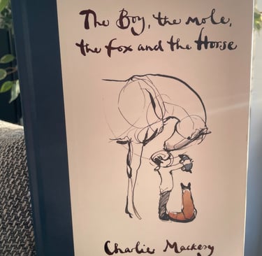 a book with a drawing of a boy, a mole, a horseand and a  cat