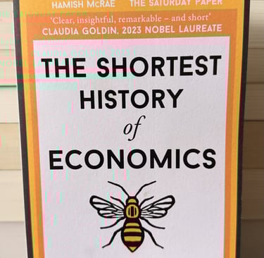 The Shortest History of Economics book cover by Andrew Leigh featuring a bee illustration.