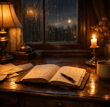 Open journal and candlelit writing desk symbolizing creativity, healing, and inspiration
