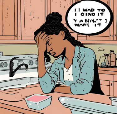 “A person reluctantly washing dishes with crossed arms, a thought bubble reading ‘I was going to do