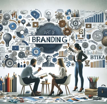 "An image depicting people sitting around a table discussing branding, surrounded by logos, color pa