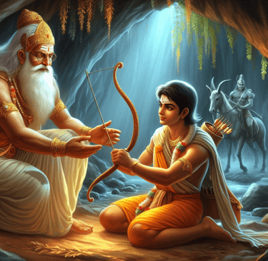 Lord Ram receiving a divine bow from an old sage
