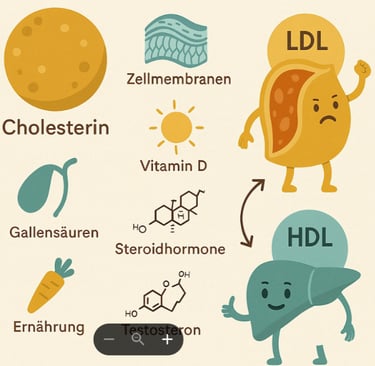 Grafik zur Cholesterinaufklärung: zeigt die vielfältigen Funktionen von Cholesterin im Körper – von 