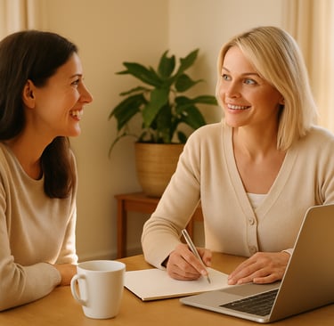 Individuelles Gesundheitscoaching – zwei Frauen sitzen am Tisch mit Laptop, Stift und Notizen und be