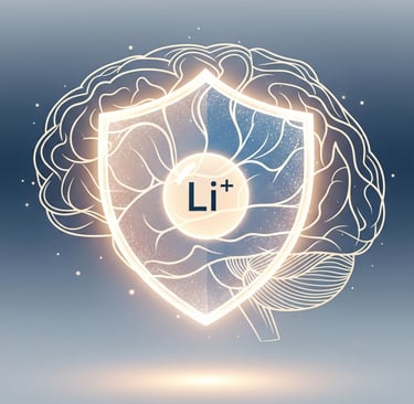 Schutzschild mit „Li⁺“ vor einem Gehirn – Symbol für Lithium und Gehirngesundheit