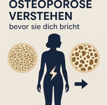 Infografik zur Osteoporose: Vergleich zwischen gesunder und brüchiger Knochenstruktur, mit Silhouett