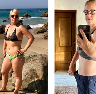 Vorher-Nachher-Foto einer Frau: links am Strand mit starkem Übergewicht, rechts nach erfolgreicher G