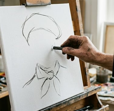 An artist's hand sketching a portrait with charcoal on a white canvas atop a wooden easel.