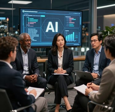 A diverse team gathered around a laptop, sharing ideas and building trust during an AI rollout.