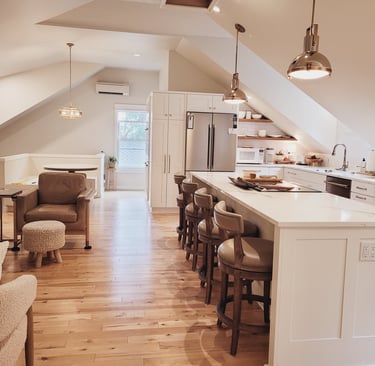 New White Kitchen, white counters, wood floating shelves, ADU renovation