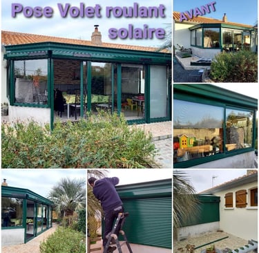 artisan menuisier en Vendée qui pose des volets roulants solaires verts sur une verranda 