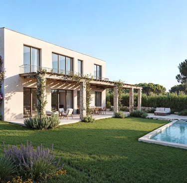 Render exterior de villa con piscina en Mallorca - ARQUIPLAY 
