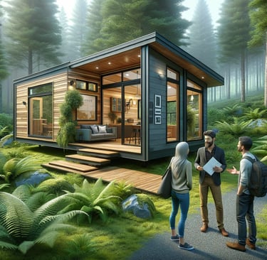 Crossroad tiny homes and cabins in forested backgroud