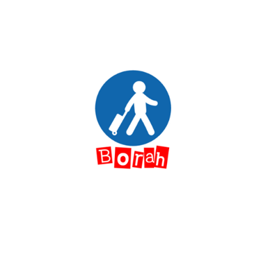 a man walking with a skateboard in front of a blue and white sign