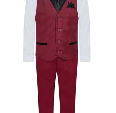 a red suit with a bow tie and a bow tie
