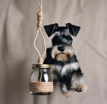 a dog sitting behind a scent jar