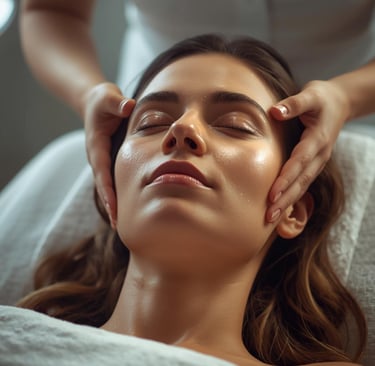 Profile of a woman in a calm spa, hand on face, smooth hydrated skin, natural glow, relaxed expressi