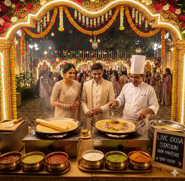 A chef prepares fresh food at a live dosa station for a couple at a luxury Indian wedding reception.
